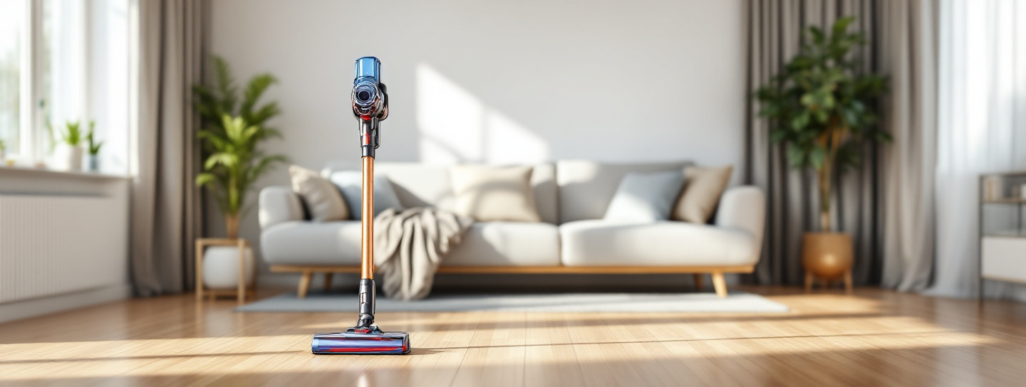Kabelloser Akku-Staubsauger in einem hellen modernen Wohnzimmer
